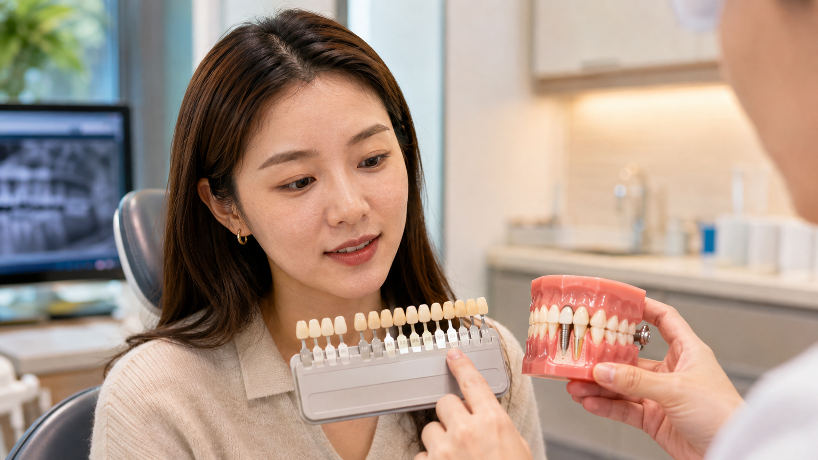 앞니 임플란트 색조 비교 장면