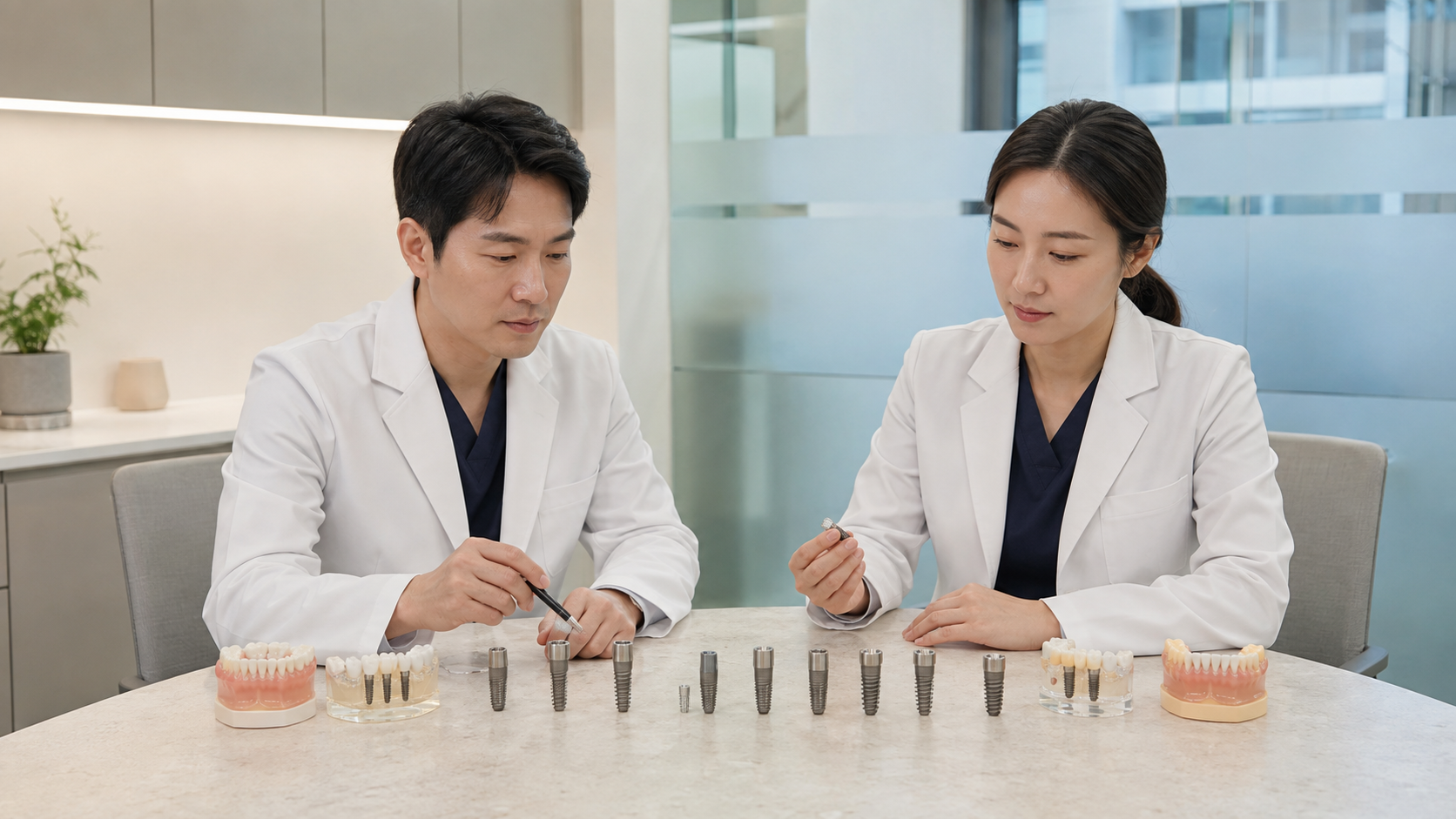 여러 임플란트 샘플을 비교하는 의료진